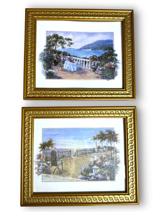 Other - Pair of Vintage Framed Art Prints Coastal Mediterranean Deck and Balcony Scenes